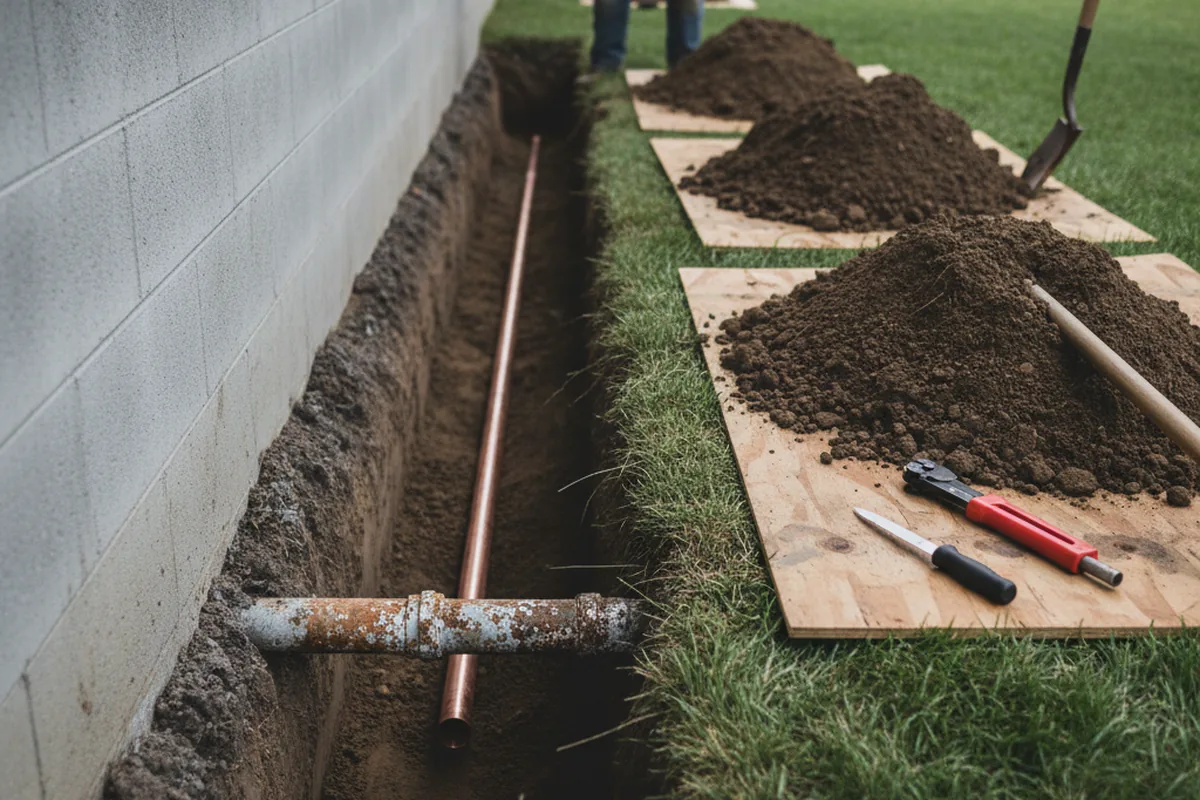 Excavated water line trench during Water Heater Repair in Goshen